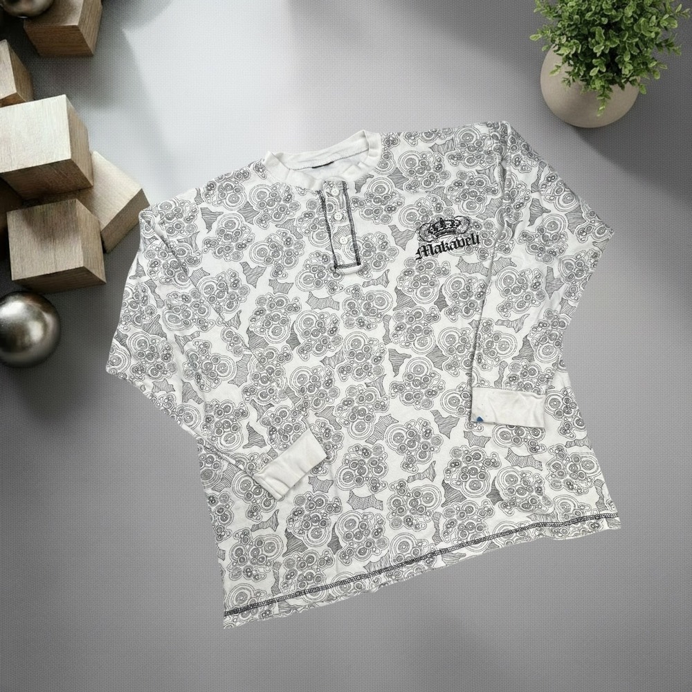 Vintage Makaveli Branded Y2K Thermal Henley Shirt All Over Print White Mens L/XL